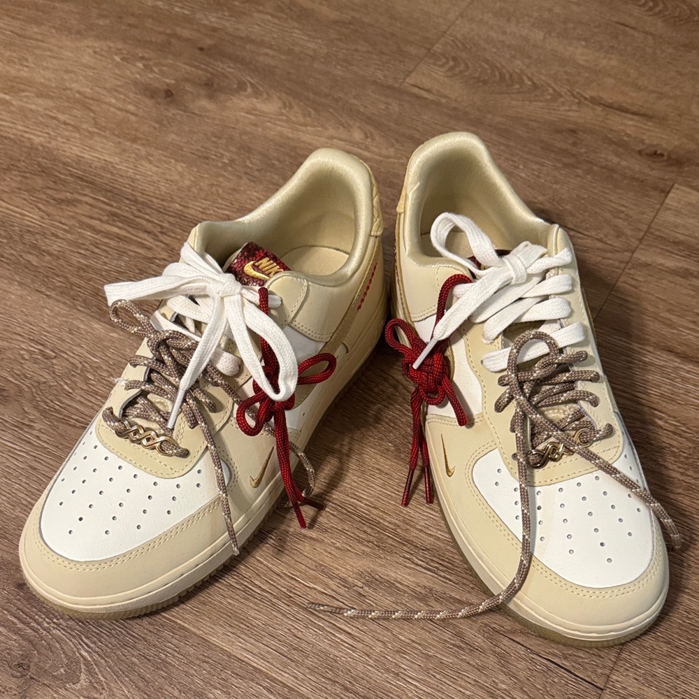 Nike Air Force 1 cream, white with crimson snake print tongue